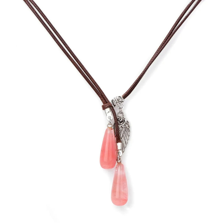 Collier pendentif en pierre naturelle avec ailes en cuir et corde Olivenorma 