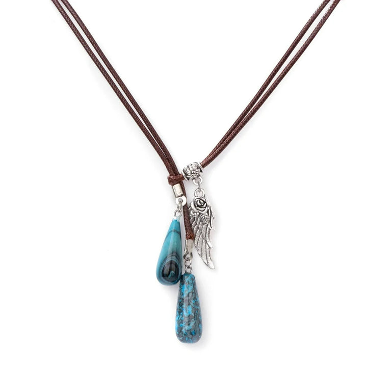 Collier pendentif en pierre naturelle avec ailes en cuir et corde Olivenorma 