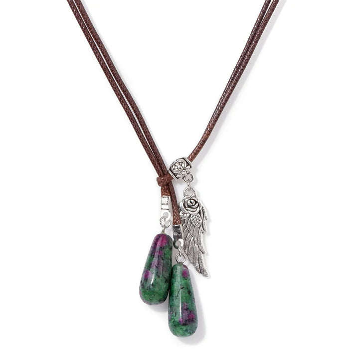 Collier pendentif en pierre naturelle avec ailes en cuir et corde Olivenorma 