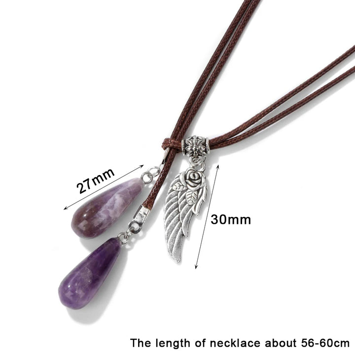 Collier pendentif en pierre naturelle avec ailes en cuir et corde Olivenorma 