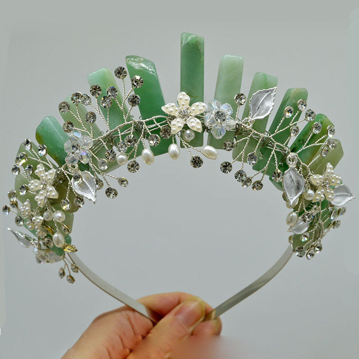 Serre-tête en fleurs fait main Olivenorma Couronne en cristal naturel - Fleur en aventurine verte et fil d'argent - image 12