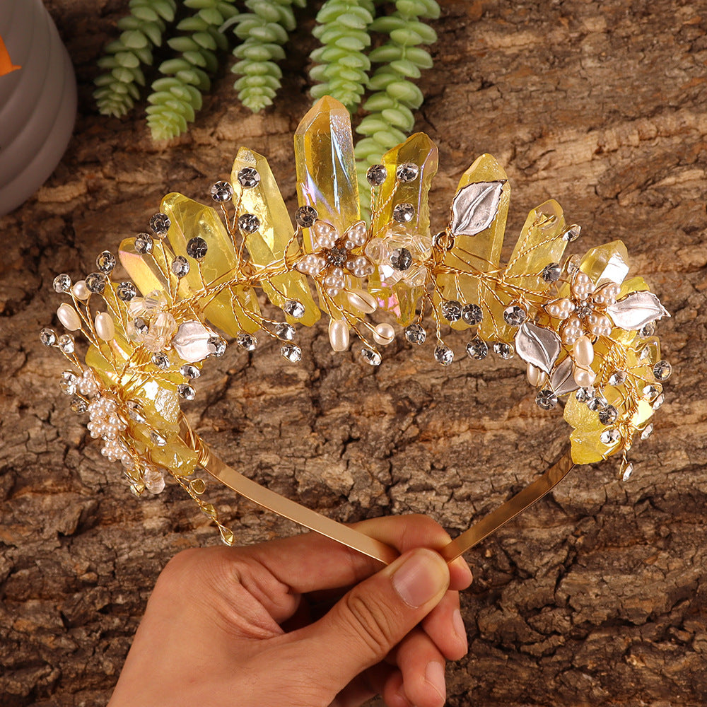 Serre-tête en fleurs fait main Olivenorma Couronne en cristal naturel - Fleur en cristal jaune électroplaqué et fil d'or - image 18