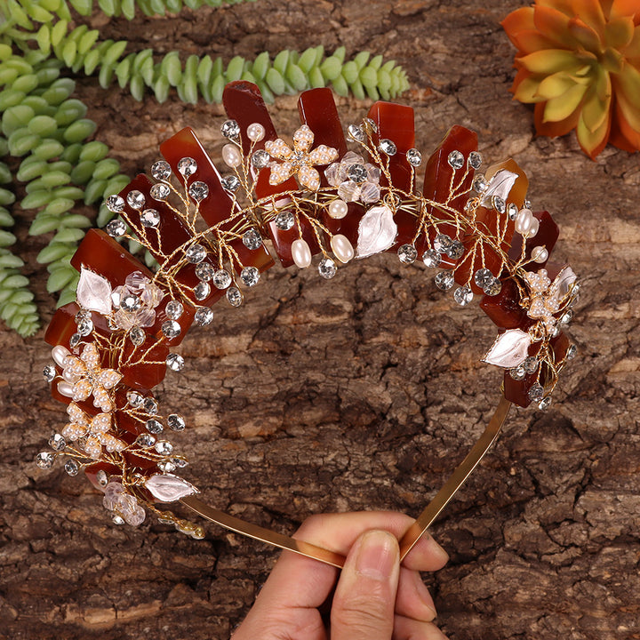 Serre-tête en fleurs fait main Olivenorma Couronne en cristal naturel - Fleur en agate rouge et fil d'or - image 36