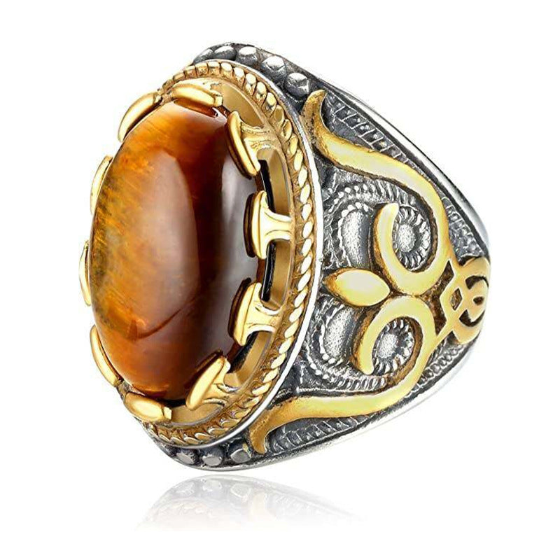 Bague ovale en œil de tigre pour homme, tendance et vintage, Olivenorma