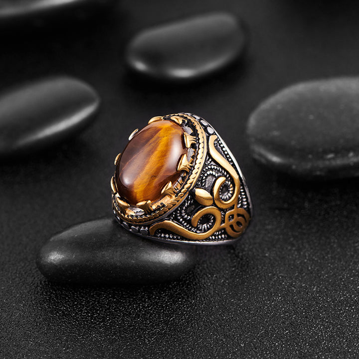 Bague ovale en œil de tigre pour homme, tendance et vintage, Olivenorma