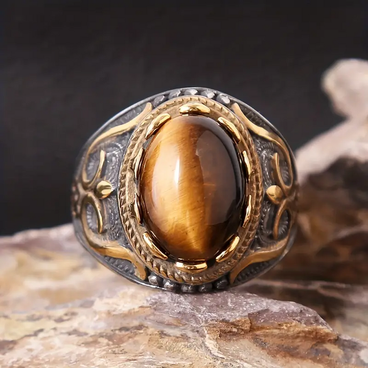 Bague ovale en œil de tigre pour homme, tendance et vintage, Olivenorma