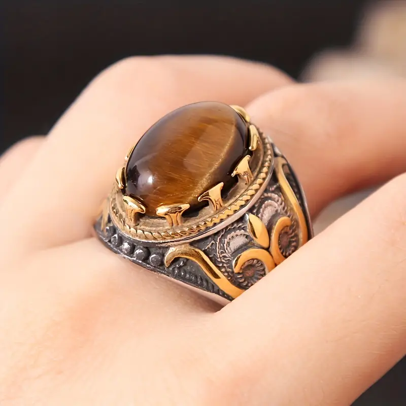 Bague ovale en œil de tigre pour homme, tendance et vintage, Olivenorma