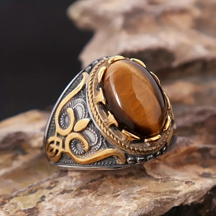 Bague ovale en œil de tigre pour homme, tendance et vintage, Olivenorma