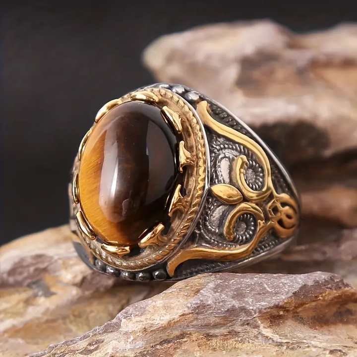 Bague ovale en œil de tigre pour homme, tendance et vintage, Olivenorma