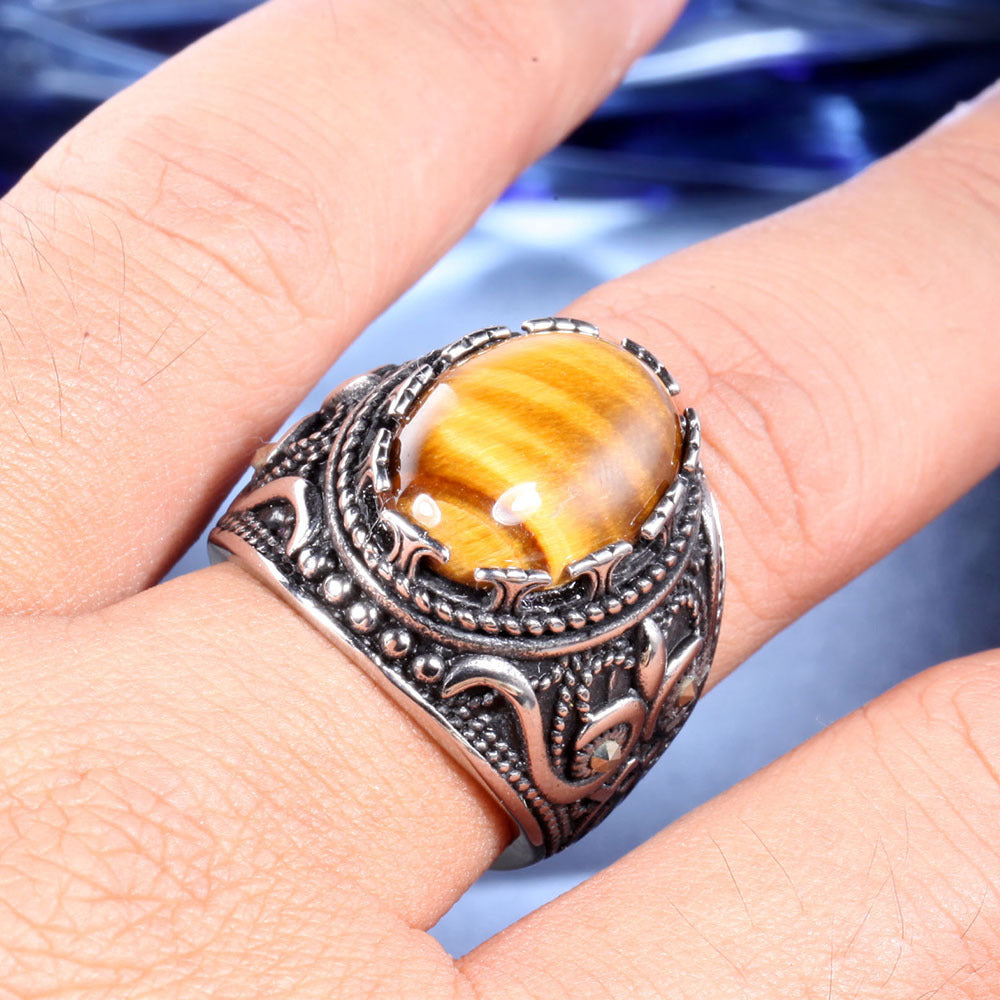 Bague ovale en œil de tigre pour homme, tendance et vintage, Olivenorma