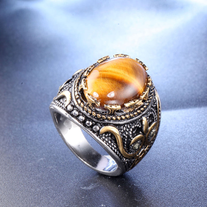 Bague ovale en œil de tigre pour homme, tendance et vintage, Olivenorma