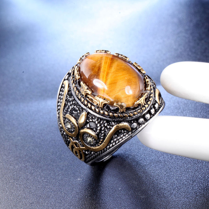 Bague ovale en œil de tigre pour homme, tendance et vintage, Olivenorma