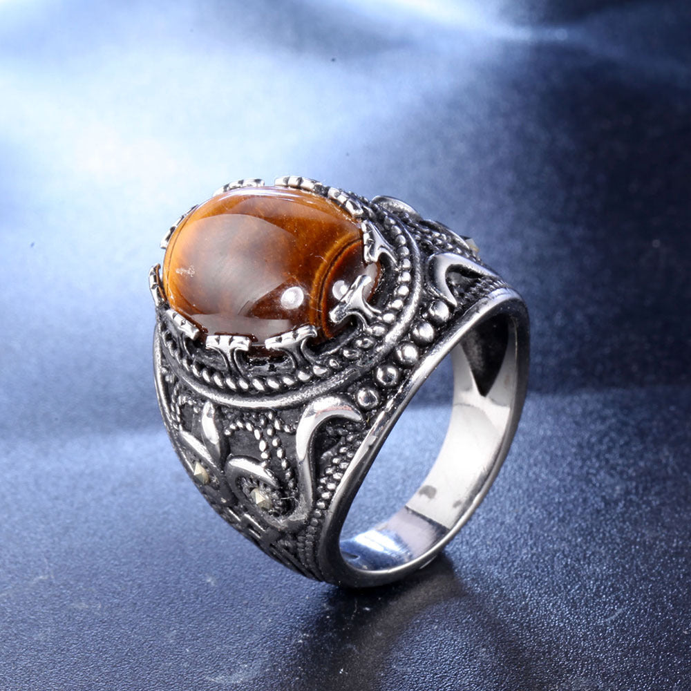 Bague ovale en œil de tigre pour homme, tendance et vintage, Olivenorma