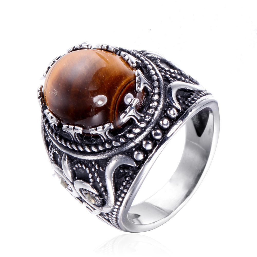 Bague ovale en œil de tigre pour homme, tendance et vintage, Olivenorma