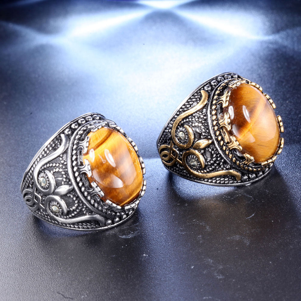 Bague ovale en œil de tigre pour homme, tendance et vintage, Olivenorma