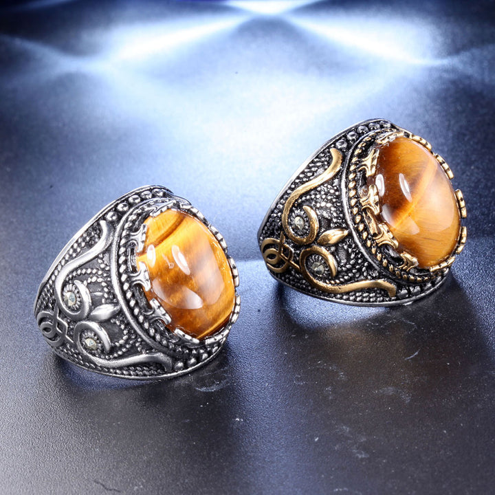Bague ovale en œil de tigre pour homme, tendance et vintage, Olivenorma