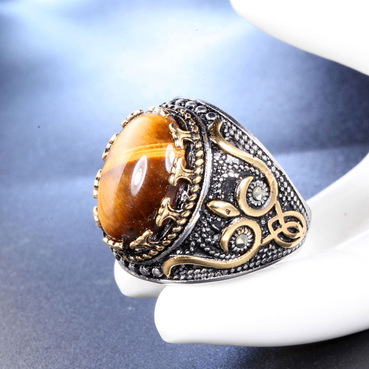 Bague ovale en œil de tigre pour homme, tendance et vintage, Olivenorma