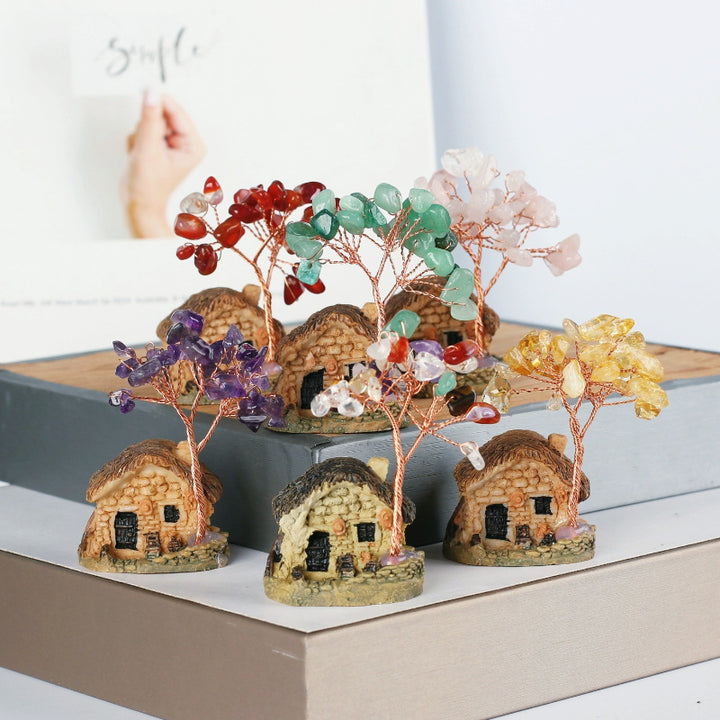 Ornements de gravier en cristal de mini-maison antique Olivenorma Arbre Feng Shui
