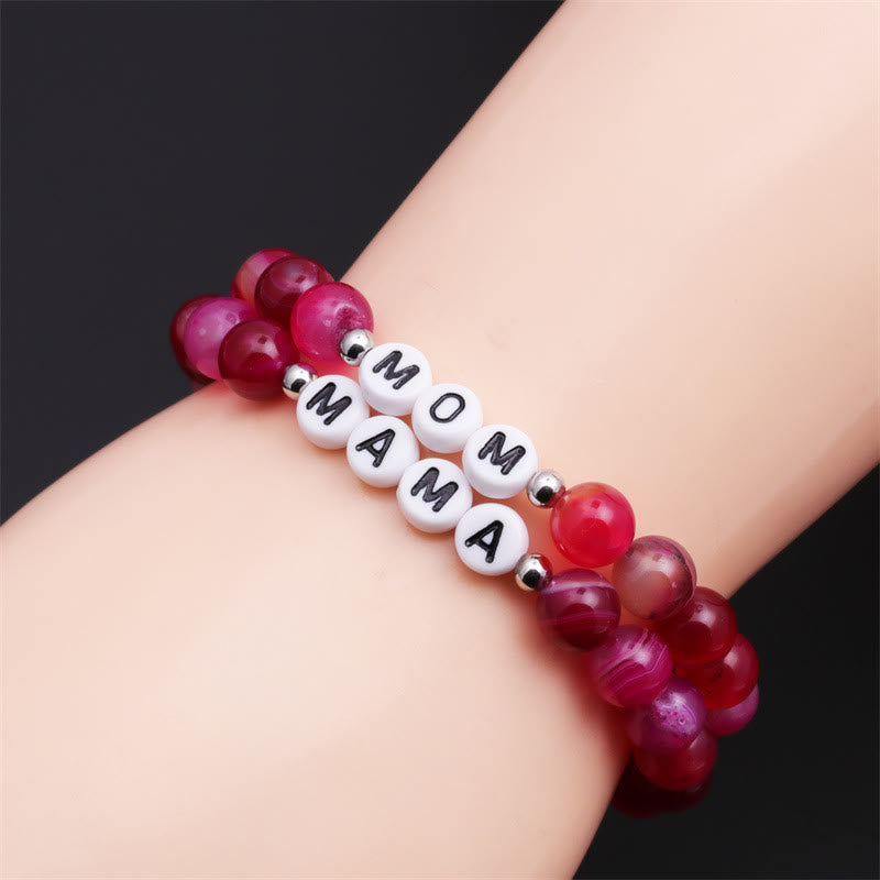 Bracelet en perles d'agate rouge rose Olivenorma "MOM" - image 1