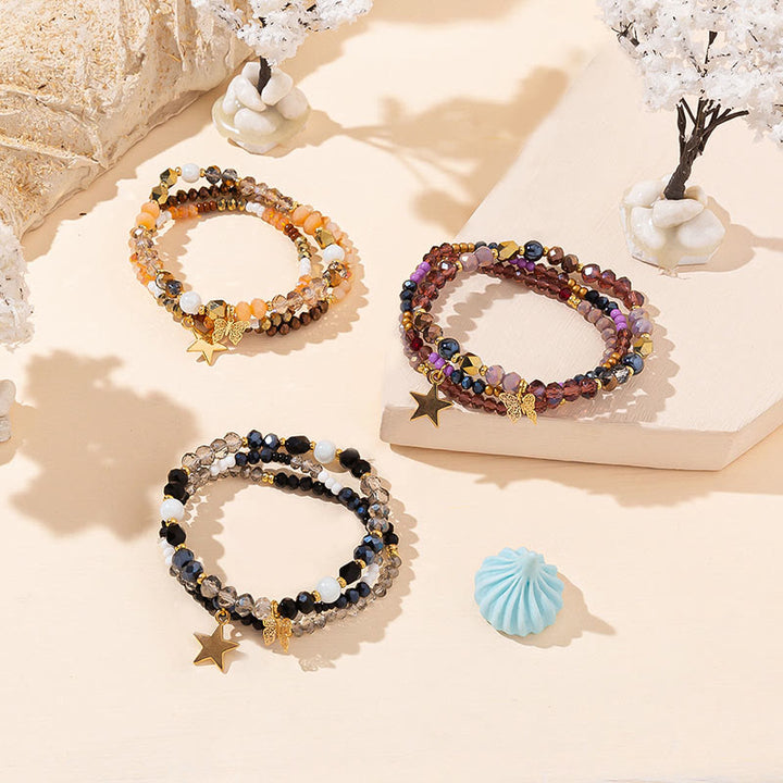 Ensemble de bracelets triple couche avec pendentif étoile en or et perles de cristal Olivenorma