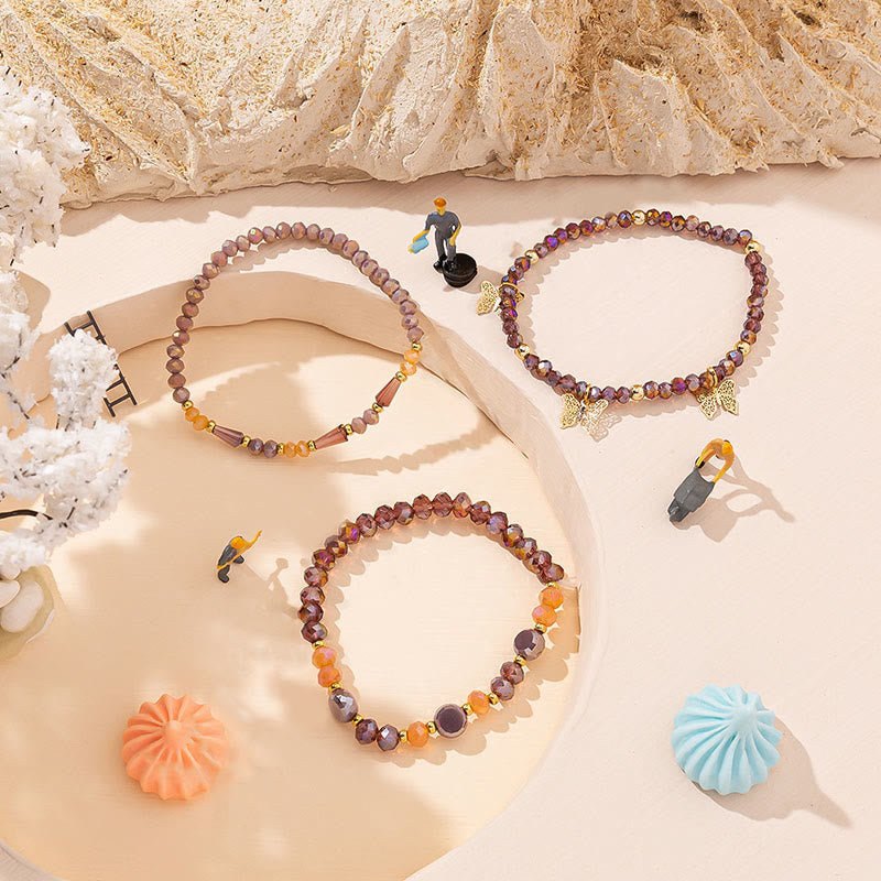 Ensemble de bracelets à trois rangs avec pendentif papillon en or et perles de cristal Olivenorma