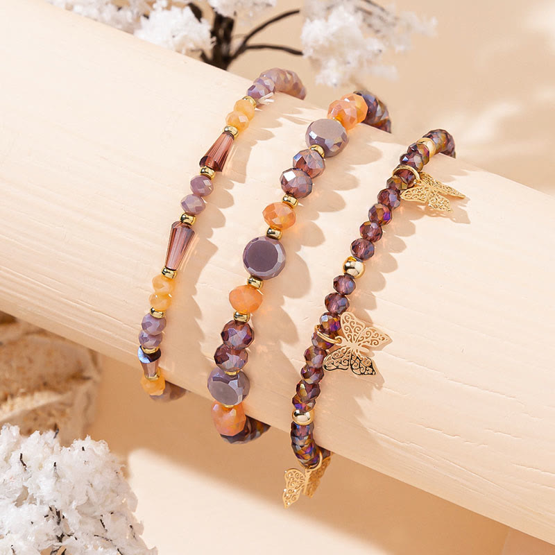 Ensemble de bracelets à trois rangs avec pendentif papillon en or et perles de cristal Olivenorma