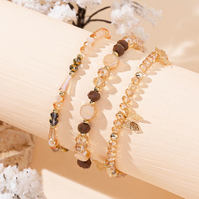 Ensemble de bracelets à trois rangs avec pendentif papillon en or et perles de cristal Olivenorma