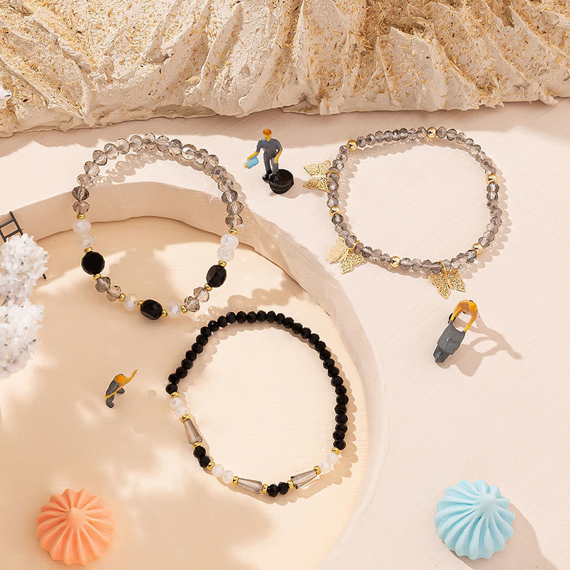 Ensemble de bracelets à trois rangs avec pendentif papillon en or et perles de cristal Olivenorma