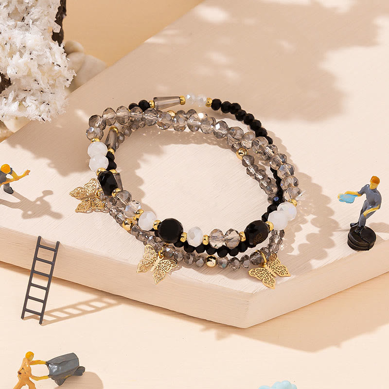 Ensemble de bracelets à trois rangs avec pendentif papillon en or et perles de cristal Olivenorma