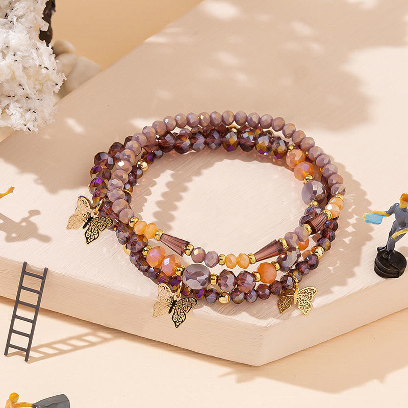 Ensemble de bracelets à trois rangs avec pendentif papillon en or et perles de cristal Olivenorma