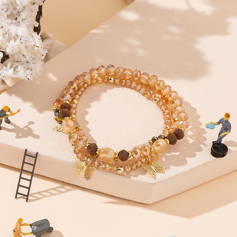 Ensemble de bracelets à trois rangs avec pendentif papillon en or et perles de cristal Olivenorma