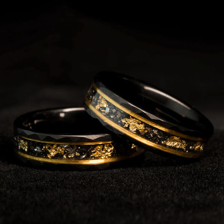 Bague en tungstène avec météorite noire et feuille d'or Olivenorma