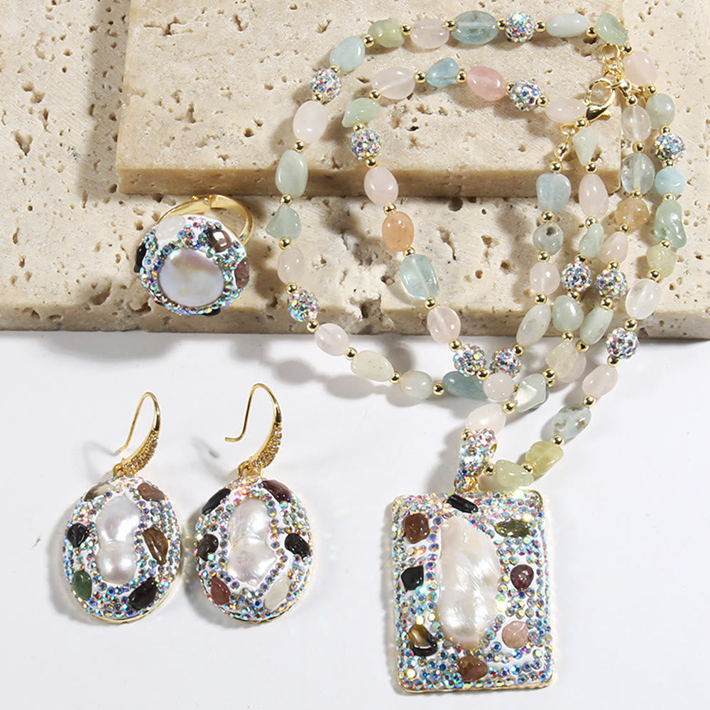 Ensemble de bijoux en perles d'eau douce morganite et tourmaline Olivenorma