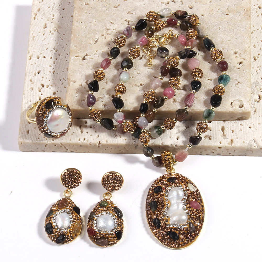 Ensemble de bijoux en perles d'eau douce morganite et tourmaline Olivenorma