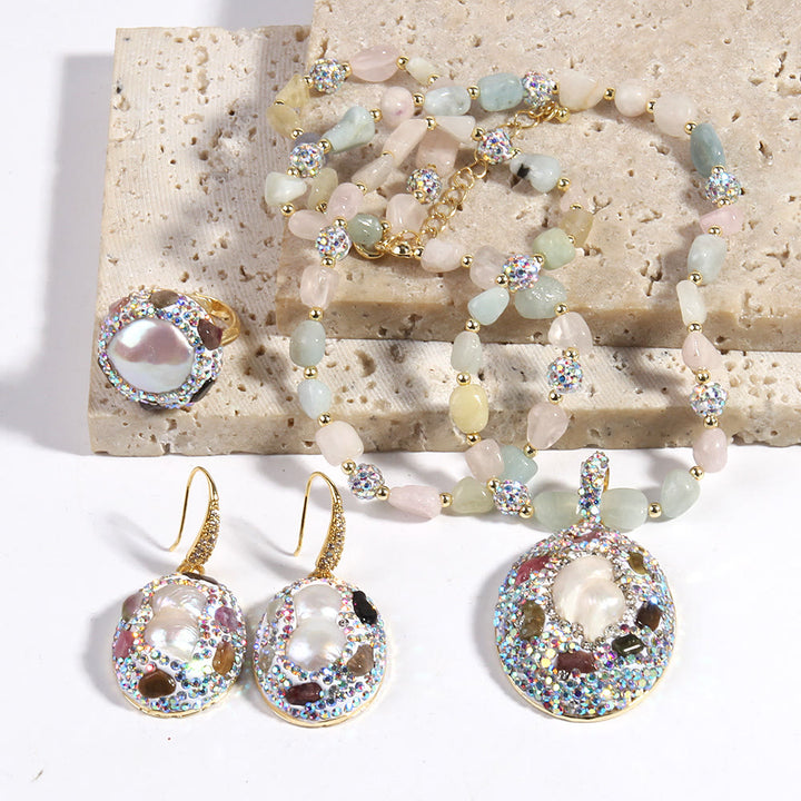 Ensemble de bijoux en perles d'eau douce morganite et tourmaline Olivenorma