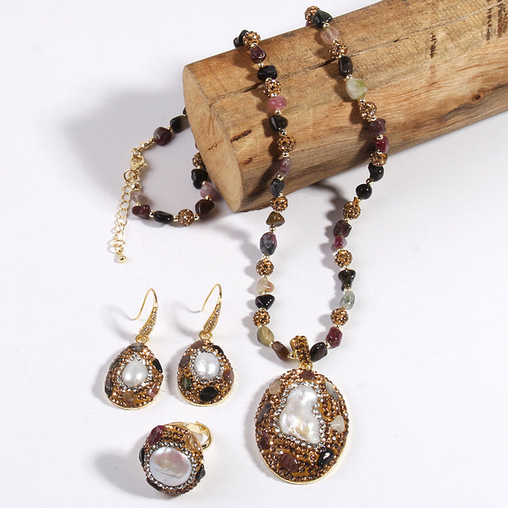 Ensemble de bijoux en perles d'eau douce morganite et tourmaline Olivenorma