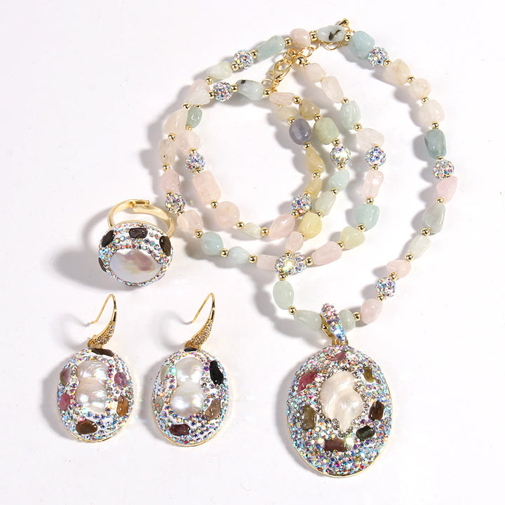 Ensemble de bijoux en perles d'eau douce morganite et tourmaline Olivenorma