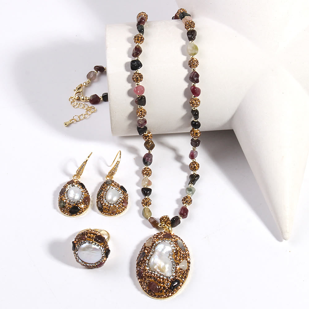 Ensemble de bijoux en perles d'eau douce morganite et tourmaline Olivenorma