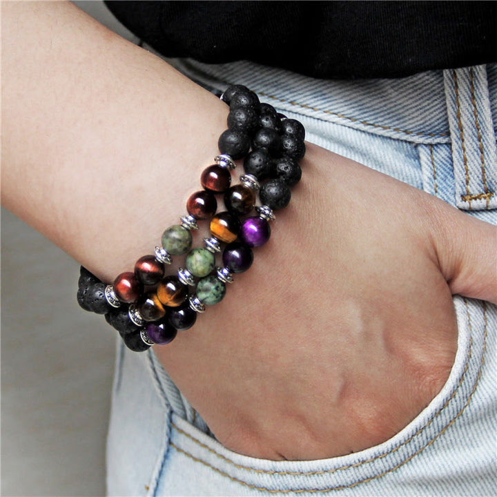 Bracelet homme en perles de pierre œil de chat naturel Olivenorma 