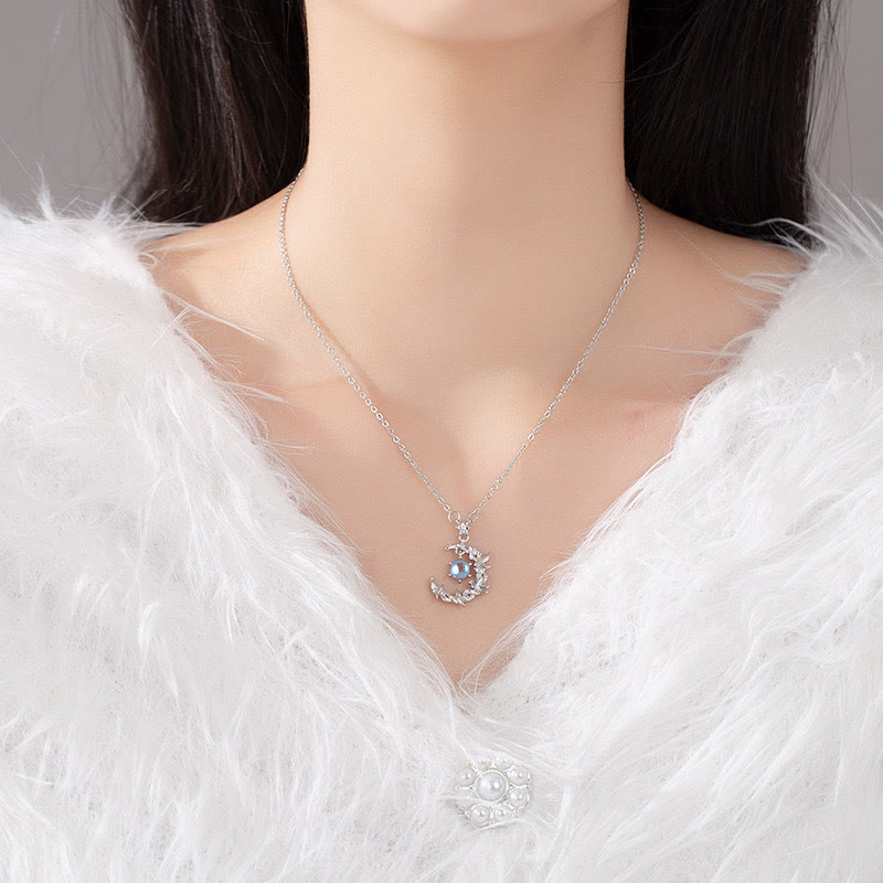 Collier en pierre de lune « Eucalyptus bleu et oiseaux » Olivenorma