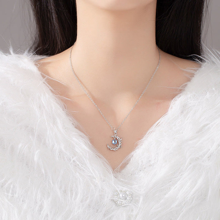 Collier en pierre de lune « Eucalyptus bleu et oiseaux » Olivenorma