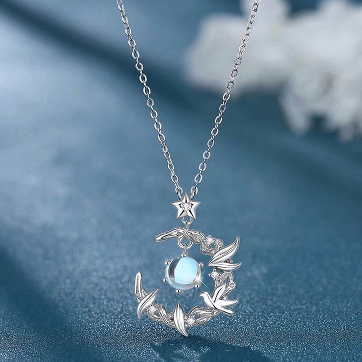 Collier en pierre de lune « Eucalyptus bleu et oiseaux » Olivenorma
