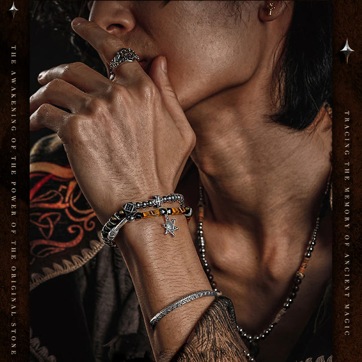 Bracelet en perles d'obsidienne et d'œil de tigre pour homme Olivenorma - image 1