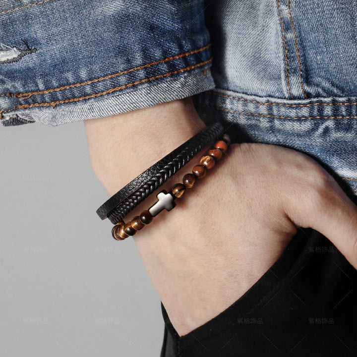 Bracelet en cuir tressé en acier inoxydable avec croix en œil de tigre Olivenorma