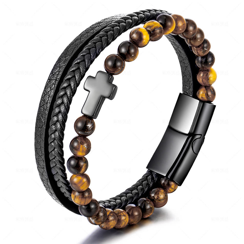Bracelet en cuir tressé en acier inoxydable avec croix en œil de tigre Olivenorma