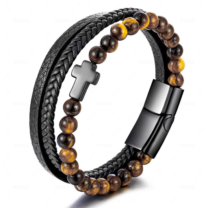 Bracelet en cuir tressé en acier inoxydable avec croix en œil de tigre Olivenorma