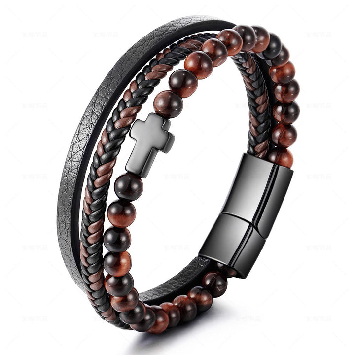 Bracelet en cuir tressé en acier inoxydable avec croix en œil de tigre Olivenorma