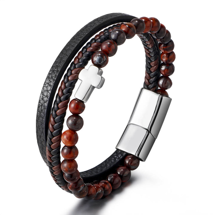 Bracelet en cuir tressé en acier inoxydable avec croix en œil de tigre Olivenorma