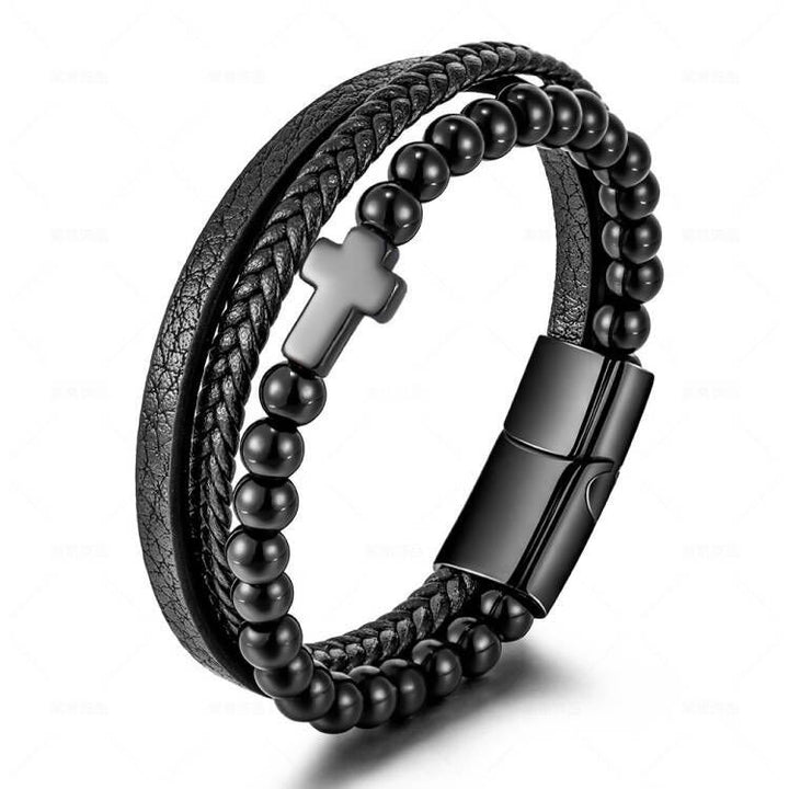 Bracelet en cuir tressé en acier inoxydable avec croix en œil de tigre Olivenorma