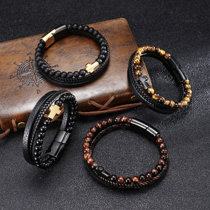 Bracelet en cuir tressé en acier inoxydable avec croix en œil de tigre Olivenorma